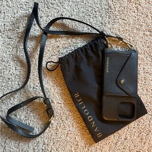 Bandolier Black Leather Phone 14 Case with Strap